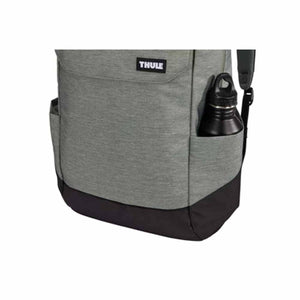 Thule backpack side pocket with black water bottle