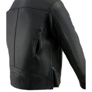 Back view of a black leather motorcycle jacket featuring side zipper vents