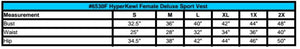 Size chart for HyperKewl female deluxe sport vest showing bust waist and hip measurements for sizes S to 2X