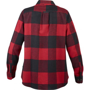 Back view of a FjallRaven red and black plaid long sleeve flannel shirt