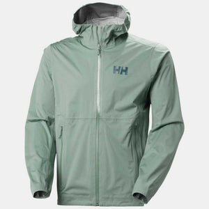 Helly Hansen sage green hooded rain jacket with front zipper and HH logo