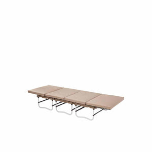 Snow Peak folding camp cot with beige padded surface and white metal frame