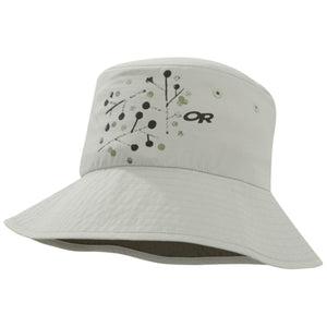 Outdoor Research bucket hat in light grey with a black botanical print and logo