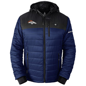 ActionHeat Denver Broncos hooded puffer jacket in blue and black