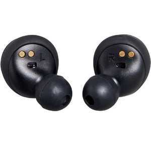 Pair of black wireless earbuds showing charging contacts and left and right markings
