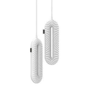 Two white Glovii electric shoe dryers with perforated oval design and power cords