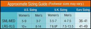 Due North footwear size chart comparing US UK and Euro sizes for small medium and large extra large
