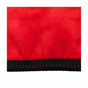 Close up of red fleece fabric with black ribbed trim from Glovii