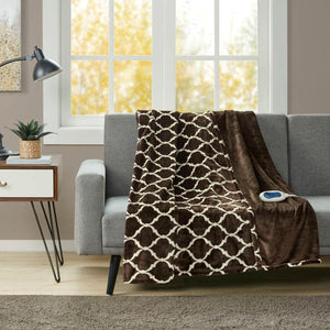 Beautyrest brown patterned electric throw blanket draped over a grey sofa