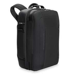 Black Briggs and Riley backpack with padded straps and front zip pocket