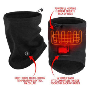 Black heated neck gaiter with touch button control and internal power bank pocket