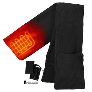 ActionHeat black fleece scarf with internal heating element and external AA battery pack