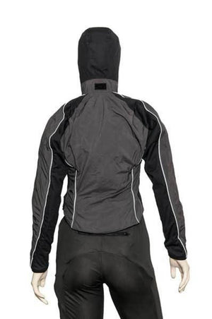Back view of a black and grey cycling jacket with a hood and white piping details