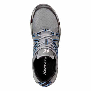 Top view of a grey Korkers wading shoe with blue and black lacing details