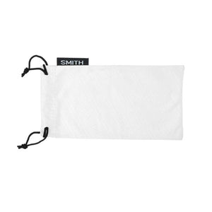 White Smith microfiber eyewear storage pouch with black drawstring
