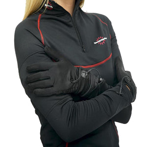 Person wearing black Warm and Safe heated gloves and matching black long sleeve shirt
