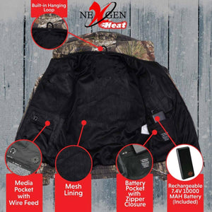 NexGen Heat jacket interior features including hanging loop mesh lining media pocket and rechargeable battery