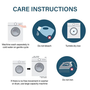 Care instructions for machine washing, tumble drying, no bleach, no iron, and using large capacity machines