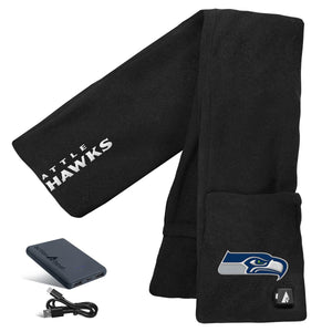 Seattle Seahawks black fleece heated scarf with ActionHeat battery pack and charging cable
