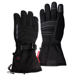 Pair of black Gerbing heated motorcycle gloves with adjustable wrist strap and power button