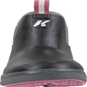 Korkers black slip on shoe with grey trim and pink sole