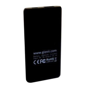 Glovii 2500mAh black portable power bank with technical specifications and compliance logos