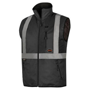 Pioneer black quilted safety vest with reflective stripes and zippered pockets