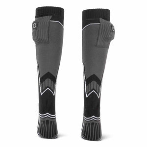 Pair of black and grey heated socks with battery pocket