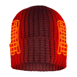 Red ribbed knit beanie with glowing orange heating element graphics on the sides