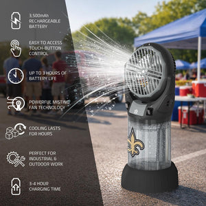 Alpha Cool misting fan with New Orleans Saints logo featuring battery and performance specifications