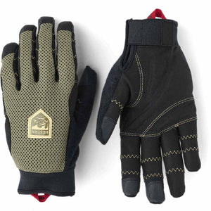 Hestra work gloves with olive green mesh back and black palm with yellow stitching