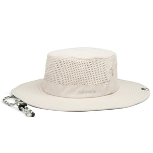 Mission beige bucket hat with perforated side panels and adjustable chin strap