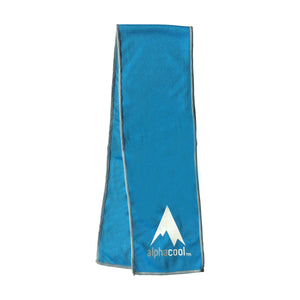 Blue Alphacool cooling towel with white mountain logo