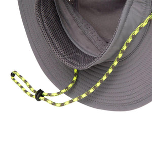 Mission grey sun hat with adjustable neon yellow chin strap and mesh interior lining