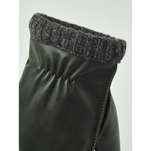 Hestra black leather glove cuff with grey ribbed wool trim