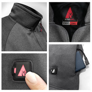 ActionHeat women's heated jacket showing collar, size label, power button, and battery pack in pocket