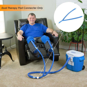 Man using a dual therapy pad connector with a cold therapy machine on his knees