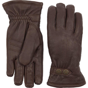 Hestra brown leather gloves with wrist strap and button detail