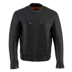 Black leather motorcycle jacket with front zipper and chest pockets