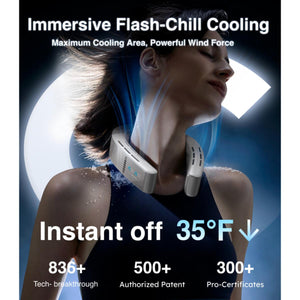 Torras neck fan providing cooling relief to a person