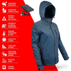 Blue heated jacket with waterproof features and power bank specifications listed on a red background