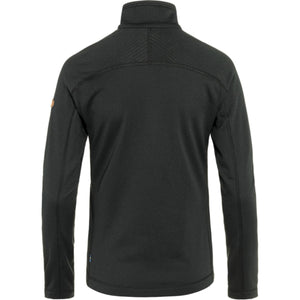 Back view of a black FjallRaven fleece jacket with a high collar and textured fabric