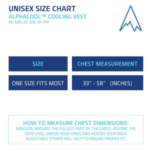 Alphacool unisex cooling vest size chart showing one size fits most for chest measurements between 33 and 58 inches