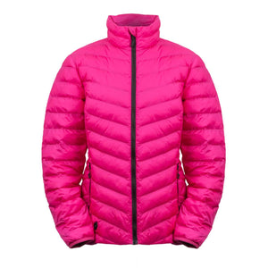 Bright pink quilted puffer jacket with a high collar and black front zipper