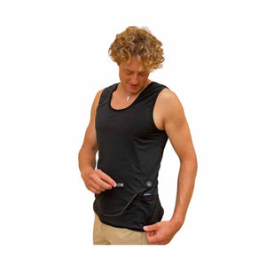 Man wearing a black Glovii heated tank top with a power cable and control button