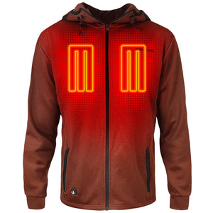 ActionHeat red hooded zip up jacket with glowing orange heating elements on the chest