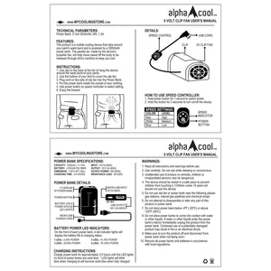 Alpha Cool 5 volt clip fan user manual with technical specifications and operating instructions