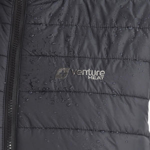 Water droplets on black quilted Venture Heat jacket fabric
