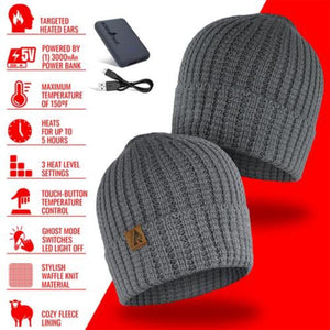 ActionHeat grey waffle knit beanie with power bank and feature list