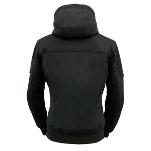 Back view of a black NexGen hooded softshell jacket
